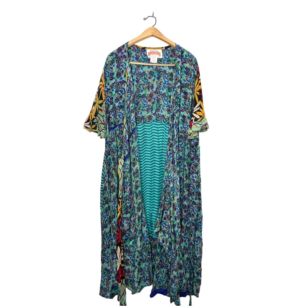 Kantha Bae Boho Eclectic Hippie Vintage Crepe Silk Sari Wrap Midi Dress One Size